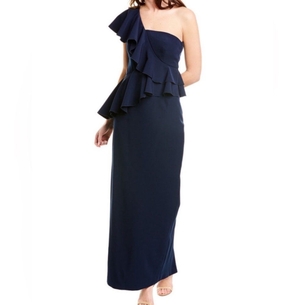TRINA TURK Indigoβ Navy Blue One-Shoulder Waterfall Ruffle 12 Gown Special Event